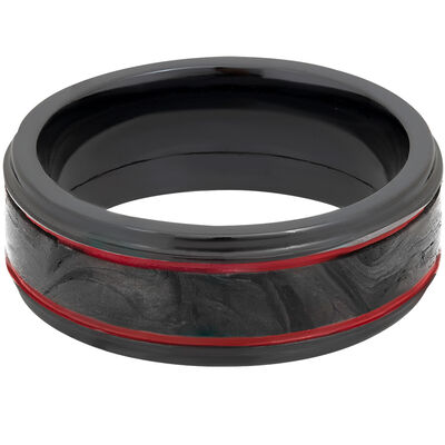 Men’s Wedding Band with Red Cerakote in Carbon Fiber & Black Zirconium, 8mm
