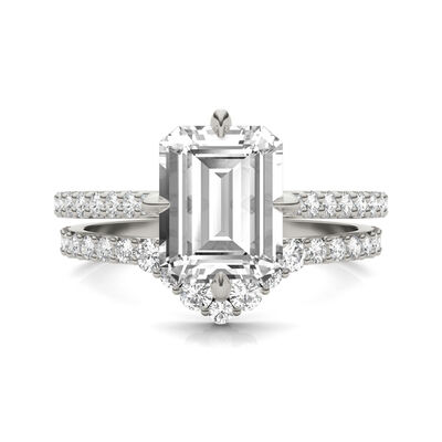 Lab Created Moissanite Emerald-Cut Engagement Ring Set in 14K White Gold