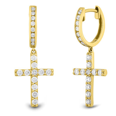 Men’s Lab Grown Diamond Cross Dangle Earrings in 10K Yellow Gold