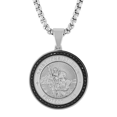 Men’s Black Diamond St. Christopher Medallion in Stainless Steel (1/4 ct. tw.) 
