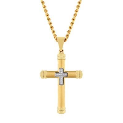 Men's Cross Pendant with Diamond Accents in Yellow Ion-Plated Stainless Steel