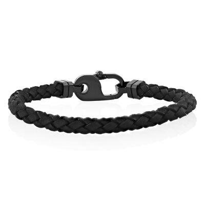 Black Leather Bracelet in Black Stainless Steel, 8.75