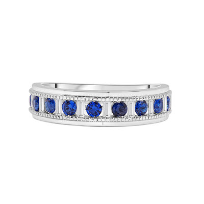 Men's Blue Sapphire and Baguette Diamond Band in 10K White Gold (1/4 ct. tw.)