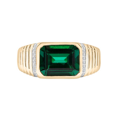 Men's Lab-Created Emerald and Diamond Accent Ring in 10K Yellow Gold