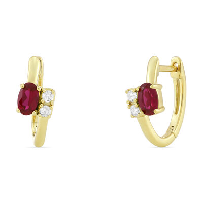 Lab-Created Gemstone and Diamond Accent Huggie Hoop Earrings in 10K Yellow Gold