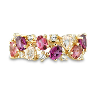 Multi-Shape Pink Morganite, Pink Tourmaline, Red Garnet and White Topaz Ring in 10K Yellow Gold