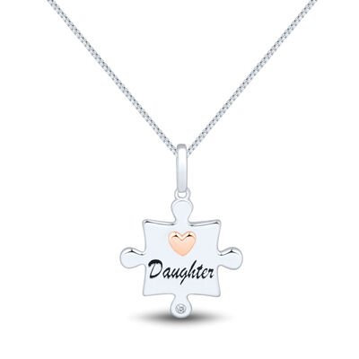 Daughter Puzzle Piece Diamond Accent Pendant in Sterling Silver and 14K Rose Gold