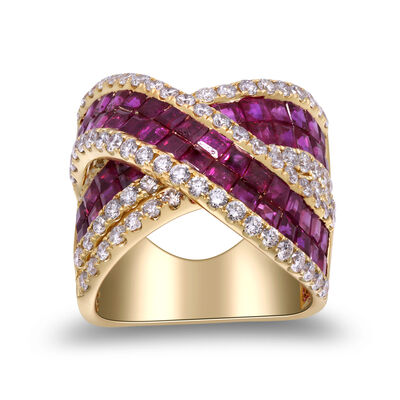 Ruby and Diamond Crossover Ring in 14K Yellow Gold (2 ct. tw.)