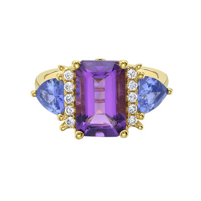 Tanzanite, Amethyst and Diamond Accent Ring in 10K Yellow Gold (1/7 ct. tw.)