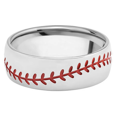 Men's Domed Baseball Pattern Band in Titanium, 8MM