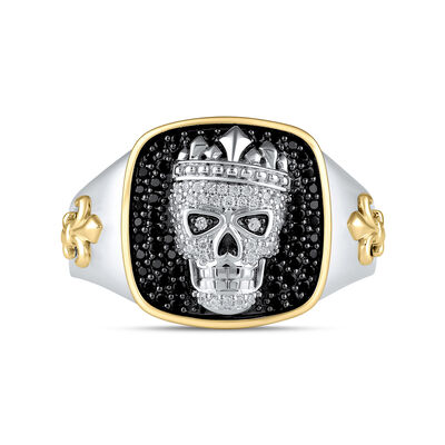 Men's Black and White Diamond Skull Ring in Sterling Silver and 10K Yellow Gold (1/2 ct. tw.)