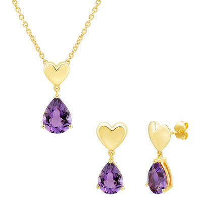Amethyst Heart Drop Earring and Pendant Set in Vermeil